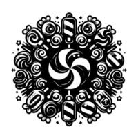 Intricate Black and White Circular Composition Featuring Assorted Candies, Lollipops, Swirls, and Geometric Shapes on White Background. vector