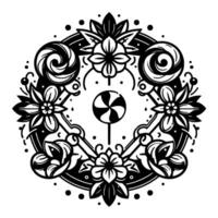 Black and white circular featuring a lollipop at the center with swirling lollipops, flowers, and ornate accents. vector