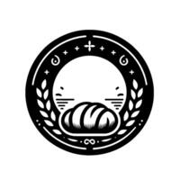 Minimalist Black White Bakery Emblem featuring a Loaf of Bread, Wheat, and Circular Border . vector
