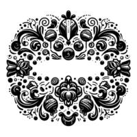 Ornate Black and White Oval Floral Pattern with Candy, Scrollwork, and Central Empty Space, a Decorative . vector