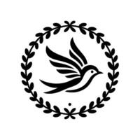 Simplified silhouette of a flying dove within a circular laurel wreath, a minimalist black and white evoking peace and nature. vector