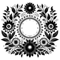 An Elegant, Black and White Floral Wreath Centered by a Circular Frame, Displaying Detailed Botanical Illustrations. vector