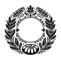 Black and white decorative circular emblem with floral and wheat elements surrounding a central open circle. vector