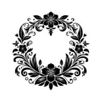 Elegant Black Floral Wreath with Intricate Leaf and Swirl Detailing, Centered on a White Background, a . vector