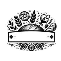 Black and white handdrawn bread illustration with floral and leaf elements, and a blank banner for text. vector