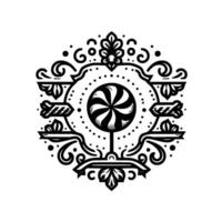 Intricate Black and White Ornament with Swirl Lollipop Center, Embellished with Floral Geometric Details. vector