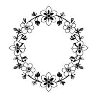 A symmetrical, black and white floral wreath illustration, consisting of stylized flowers and leaves, arranged in a circular frame with a minimalist and elegant aesthetic. vector