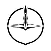 Minimalist jet fighter emblem within a shieldshaped circle, embodying speed, precision, and aviation prowess, rendered in monochrome. vector