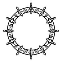 A symmetrical, ornate, black and white circular frame , embellished with geometric and organic tribalinspired patterns, featuring pointed extensions. vector