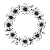 A detailed ink illustration of a floral wreath with various detailed flowers and leaves, arranged in a circular composition, set against a stark white backdrop. vector