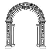 Elegant Black and White Archway , Detailed Architectural Illustration, Ornate Border with Floral and Geometric Patterns, Symmetrical Composition, Blank Space. vector