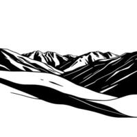 Stark black and white mountain landscape with angled, stylized forms and a foreground slope. Clean lines and minimalist aesthetic. vector