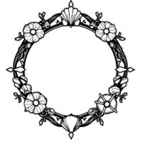 Nauticalthemed circular frame with seashells, floral elements, and a ships wheel, outlined in black and white. vector