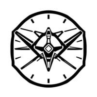 Black and white illustration of a stylized compass rose incorporating an aircraftlike element, set within a watchlike border. vector