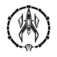 Futuristic Spaceship Emblem in a Black and White Circular , Featuring Angular Details and a Monochromatic Aesthetic. vector