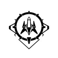 Minimalist Black and White Futuristic Spaceship Emblem Enclosed in a Gear and Diamond Frame, Showcasing Precision and Innovation. vector