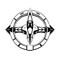 Stylized Black and White Geometric Emblem Futuristic Spaceship Silhouette Centered Within a Circular Framework on White Background. vector