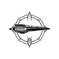 Sleek, minimalist black and white illustration of a futuristic spacecraft emblem within a geometric compasslike , evoking tech and exploration. vector