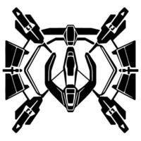 Symmetrical Black and White Futuristic Spaceship Blueprint Depicting a Central Cockpit with Attached WeaponUtility Pods and Auxiliary Components. vector