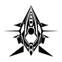 Symmetric black and white minimalist geometric spaceship , futuristic and abstract, detailed with sharp lines and bold shapes. vector