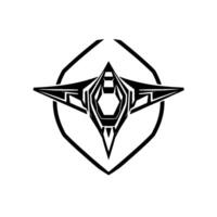 of a futuristic spacecraft emblem, symmetrical within a stylized shield, black and white, isolated. vector