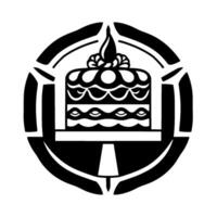 Intricate Black and White Symbol of a Tiered Cake with Candle, set within a decorative, geometric circular border. vector