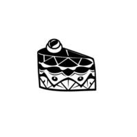Bold black and white illustration of a slice of cake with ornamental layers and a stylized cherry on top, isolated on a white background. vector