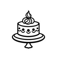 Elegant Minimalist Black and White Illustration of a Layered Cake with Whipped Cream and Decorative Embellishments on a Cake Stand. vector