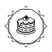 Elegant black and white circular featuring a layered cake with frosting and cherry topping, surrounded by an ornamental border. vector