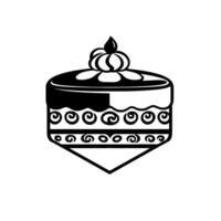 Elegant black and white illustration of a layered cake with decorative swirls and a floralshaped topping, set on a triangular base. vector