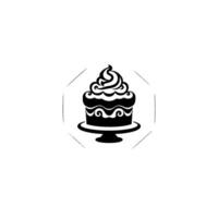 Black and white illustration of a decorative cupcake on a cake stand, set within a geometric frame, against a stark white background. vector