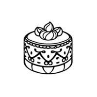 Black and white line art illustration of a decorated, round cake with elaborate patterns and floralshaped frosting on white background. vector