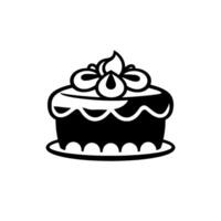 Simplified black and white illustration of a decorated cake on a plate, featuring layered frosting and stylized toppings. vector