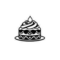 Black and white illustration of a decorated cake with whipped cream frosting and a candlelike shape on a plate, centered on a white background. vector