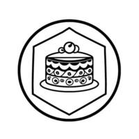 Whimsical Black and White Cake A layered cake adorned with cherries sits within a hexagon and circle border, perfect for logos or designs. vector