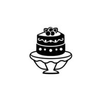Black and white illustration of a twotiered cake with decorative icing, topped with berries, presented on a pedestal. vector