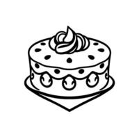 Detailed Black and White Illustration of a Layered Cake with Swirled Frosting and Decorative Accents on a Simple Plate. vector