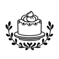 Elegant Black and White Line Art A Round Layer Cake on a Dish, Decorated with Ornate Leaves, Emphasizing Whimsical and Classic . vector