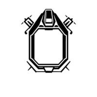 Futuristic Geometric Shield A stylized black and white of a protective emblem with angular lines, featuring a central open shape. vector