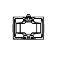 Geometric, symmetrical black and white abstract architectural form resembling a scifi panel or interface, centered on a stark white background. vector