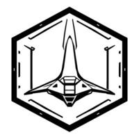 Black and white stylized spaceship emblem within a hexagon, featuring sharp lines and a futuristic, minimalist . vector