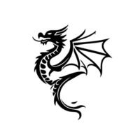 A stylized, minimalist black dragon tattoo on a pristine white backdrop, showcasing intricate details of scales, wings, and a fierce expression. vector