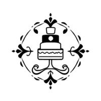 Elegant, Black and White Illustration of a Tiered Cake on a Stand, within a Decorative Floral Frame, Perfect for Events. vector