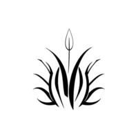 Black and white minimalist illustration of stylized plant life, featuring tall grass and a central leaf, and symmetrical . vector