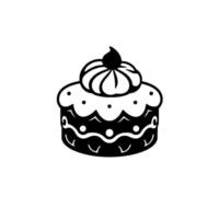 Black and white illustration of a round layered cake with frosting swirl and a cherry on top, isolated on white. vector