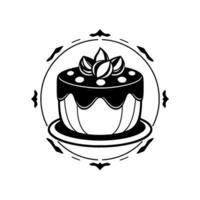 A stylized black and white cake illustration with a chocolate ganache topping, decorated with nuts, set within a decorative circular frame. vector