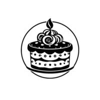 Elegant Black and White Illustration of a Birthday Cake, Surrounded by a Circular Frame, Topped with Swirls and a Candle Flame. vector