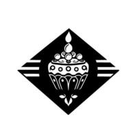 Elegant, symmetrical black and white minimalist featuring a decorative cupcakelike motif within a diamond shape, adorned with intricate details and stylized elements, evoking sophistication an vector