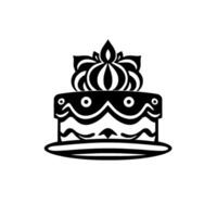 Stylized Black and White Cake Illustration with Floral Topping, Decorative Frosting, and a Plate, Isolated on White Background. vector