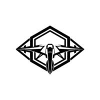 Sleek, symmetrical black and white emblem featuring a stylized jet fighter encased within a diamondshaped and hexagonal geometric frame, reminiscent of a modern . vector